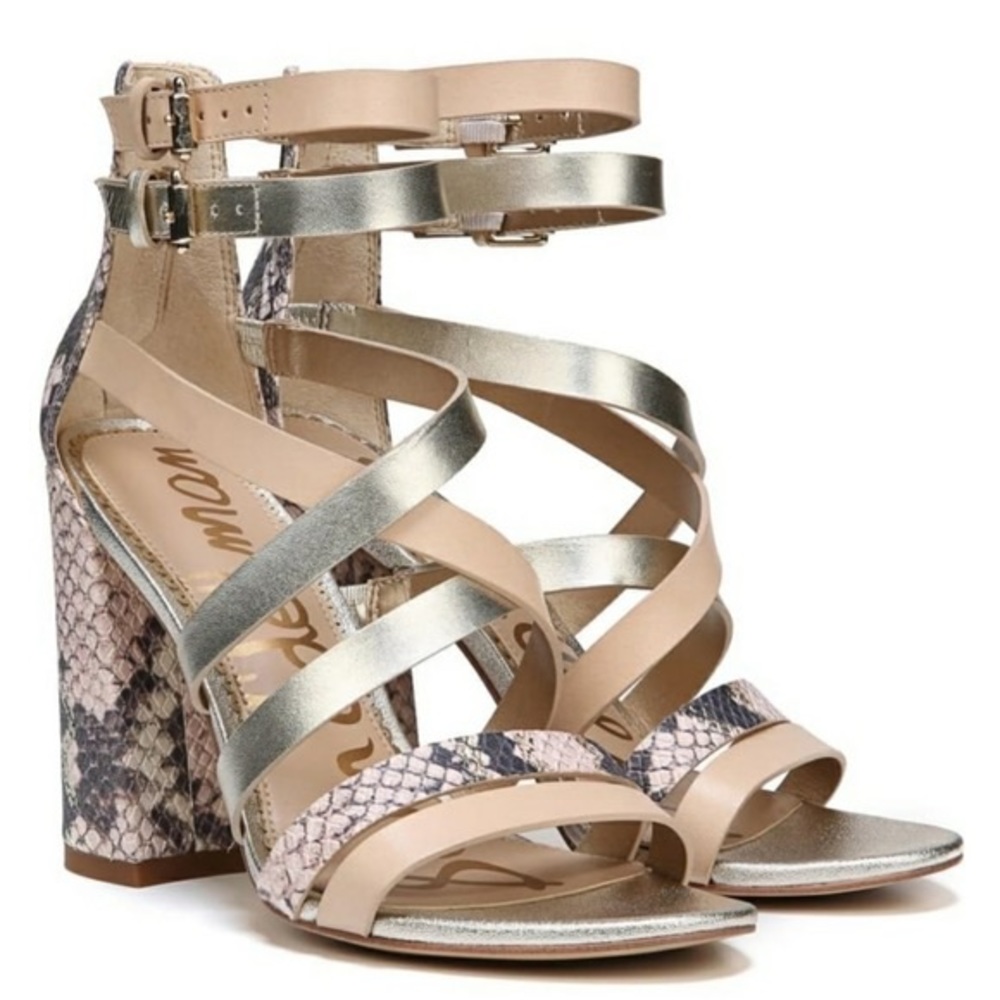Sam Edelman Brown Yema Block Heels Strappy Open Toe Leather Snakeskin